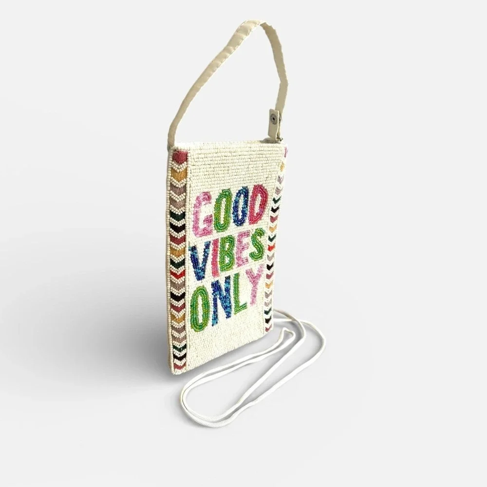 Bamboo Trading‎ Co Beaded Phone Crossbody Bag Good Vibes Only Wristlet Satchel